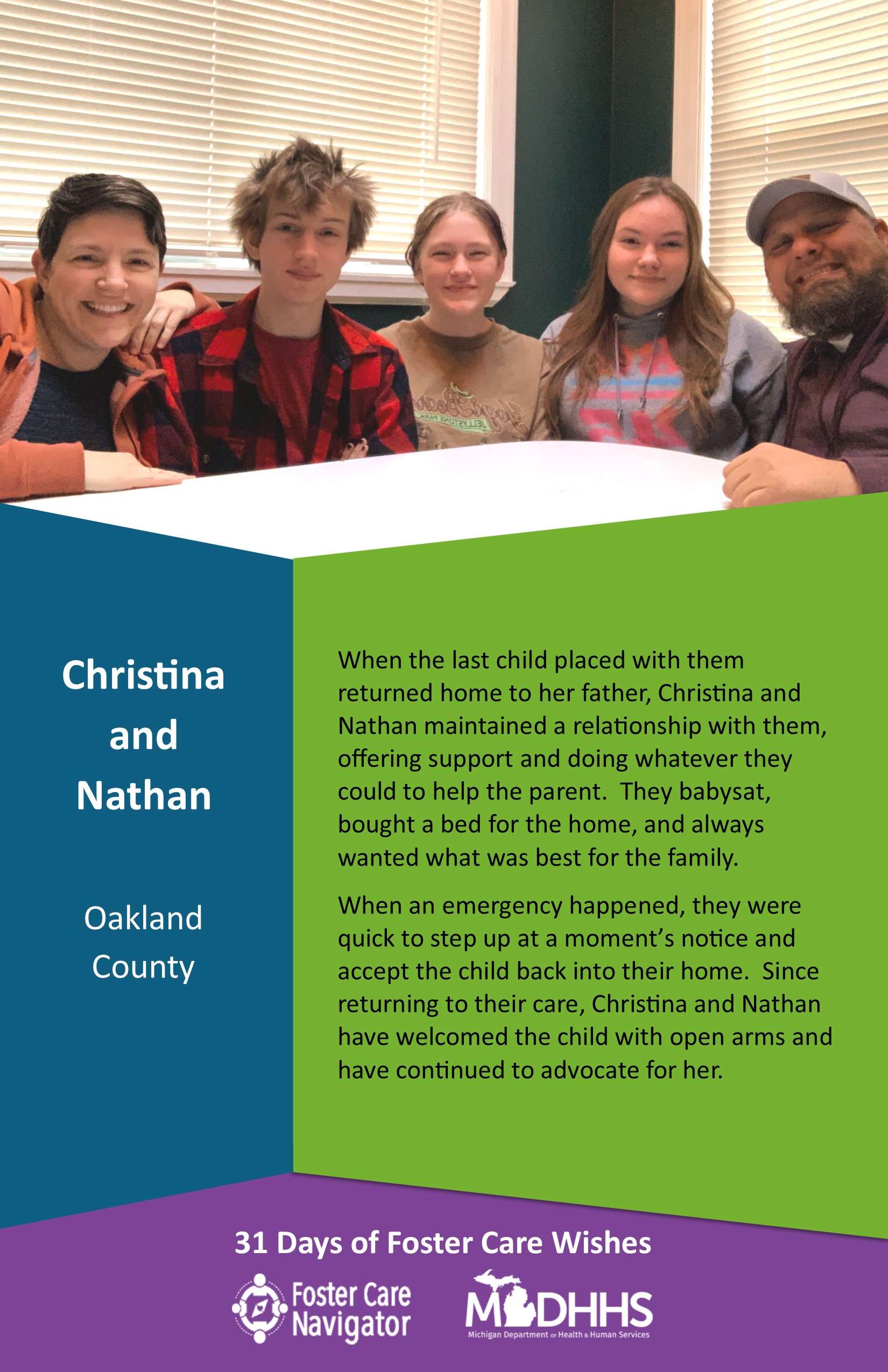 This full page feature includes all of the text listed in the body of this blog post as well as a photo of Christina and Nathan. The background is blue on the left, green on the right, and purple at the bottom of the page where the logos are located.