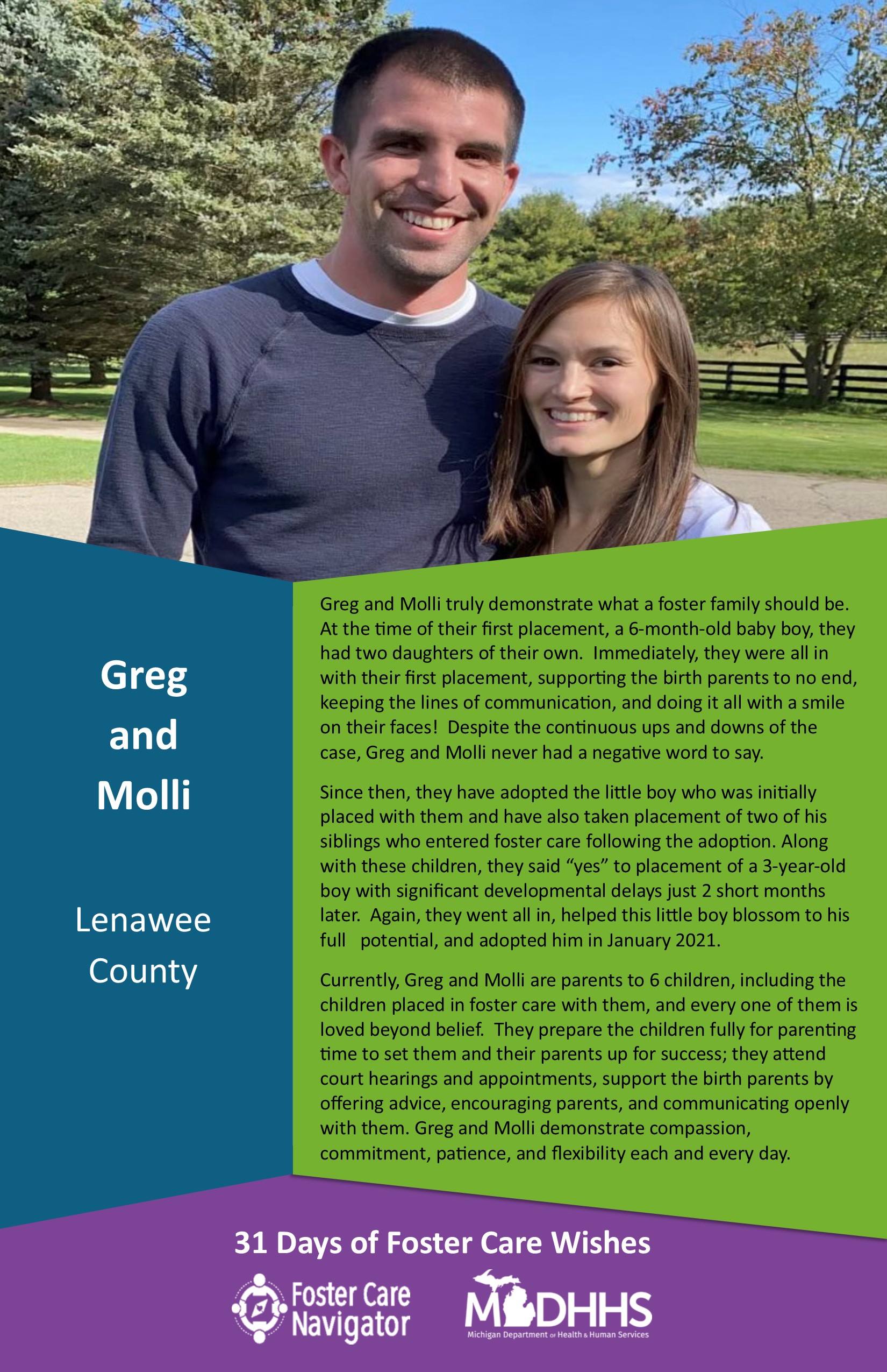 This full page feature includes all of the text listed in the body of this blog post as well as a photo of Greg and Molli. The background is blue on the left, green on the right, and purple at the bottom of the page where the logos are located.