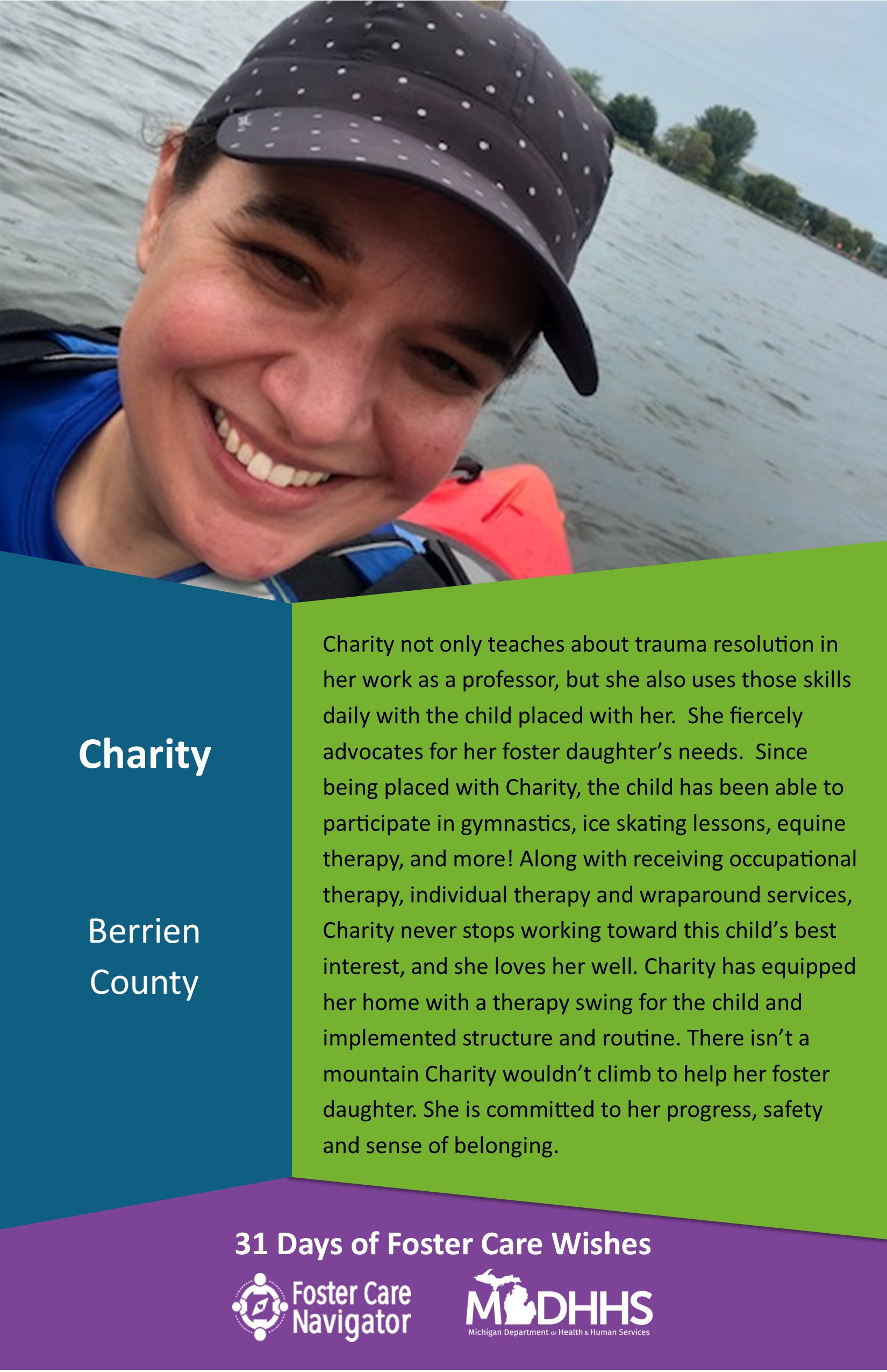 This full page feature includes all of the text listed in the body of this blog post as well as a photo of Charity. The background is blue on the left, green on the right, and purple at the bottom of the page where the logos are located.