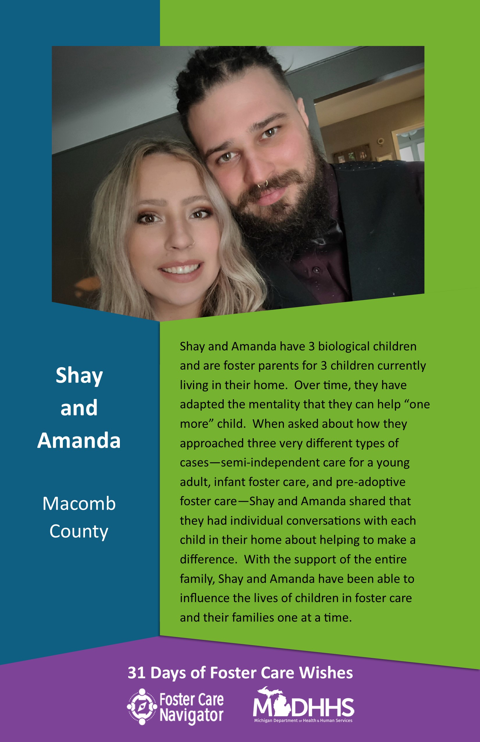 This full page feature includes all of the text listed in the body of this blog post as well as a photo of Shay and Amanda. The background is blue on the left, green on the right, and purple at the bottom of the page where the logos are located.