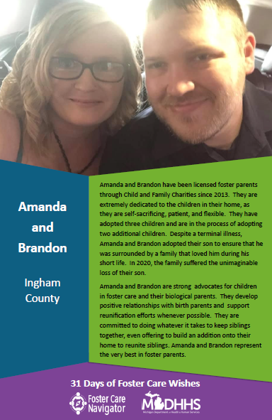 This full page feature includes all of the text listed in the body of this blog post as well as a photo of Amanda and Brandon. The background is blue on the left, green on the right, and purple at the bottom of the page where the logos are located.