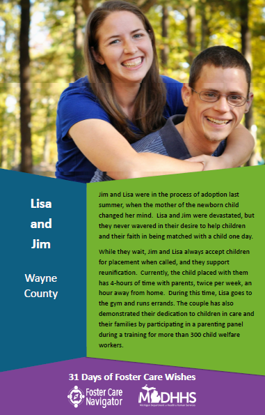 This full page feature includes all of the text listed in the body of this blog post as well as a photo of Lisa and Jim. The background is blue on the left, green on the right, and purple at the bottom of the page where the logos are located.