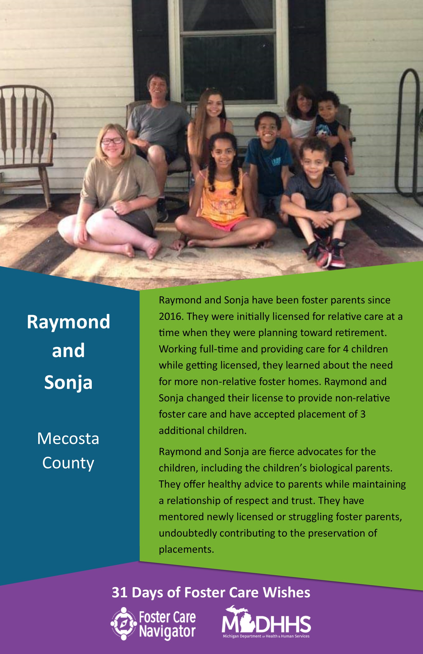 This full page feature includes all of the text listed in the body of this blog post as well as a photo of Raymond and Sonja. The background is blue on the left, green on the right, and purple at the bottom of the page where the logos are located.