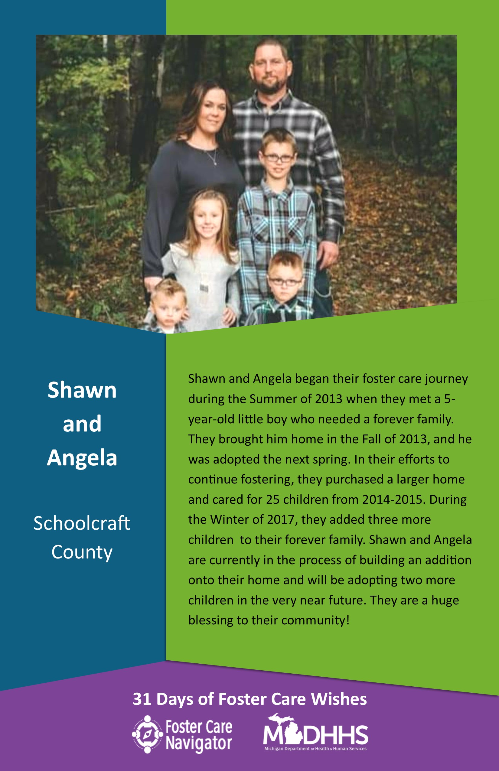 This full page feature includes all of the text listed in the body of this blog post as well as a photo of Shawn and Angela. The background is blue on the left, green on the right, and purple at the bottom of the page where the logos are located.