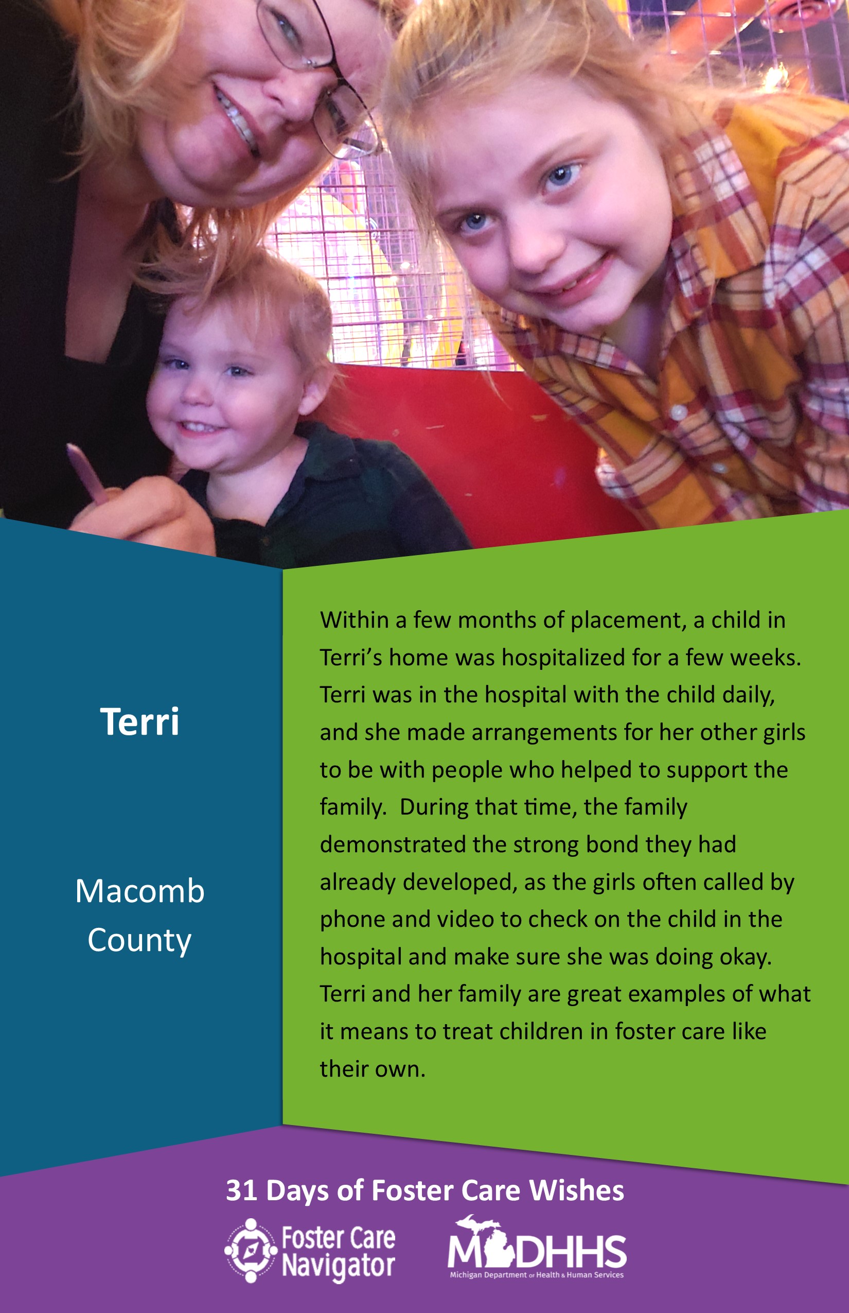 This full page feature includes all of the text listed in the body of this blog post as well as a photo of Terri. The background is blue on the left, green on the right, and purple at the bottom of the page where the logos are located.