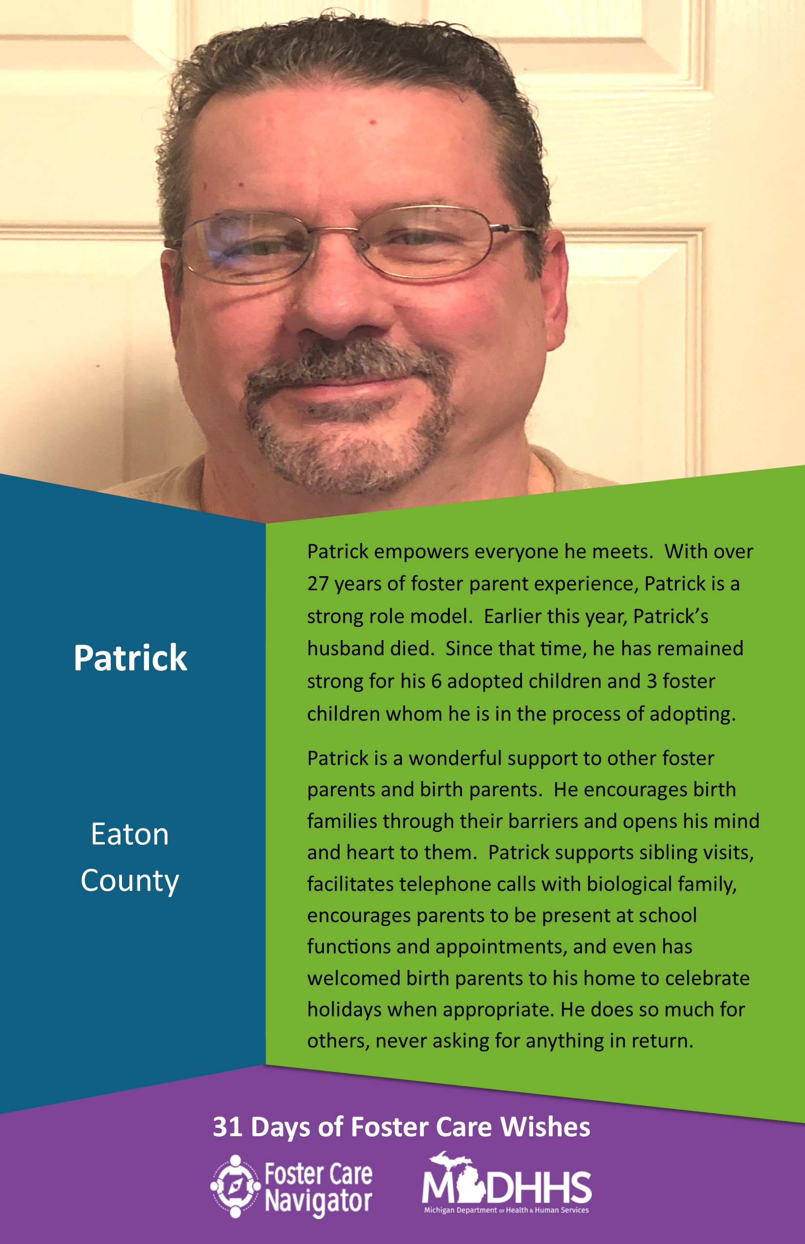 This full page feature includes all of the text listed in the body of this blog post as well as a photo of Patrick. The background is blue on the left, green on the right, and purple at the bottom of the page where the logos are located.
