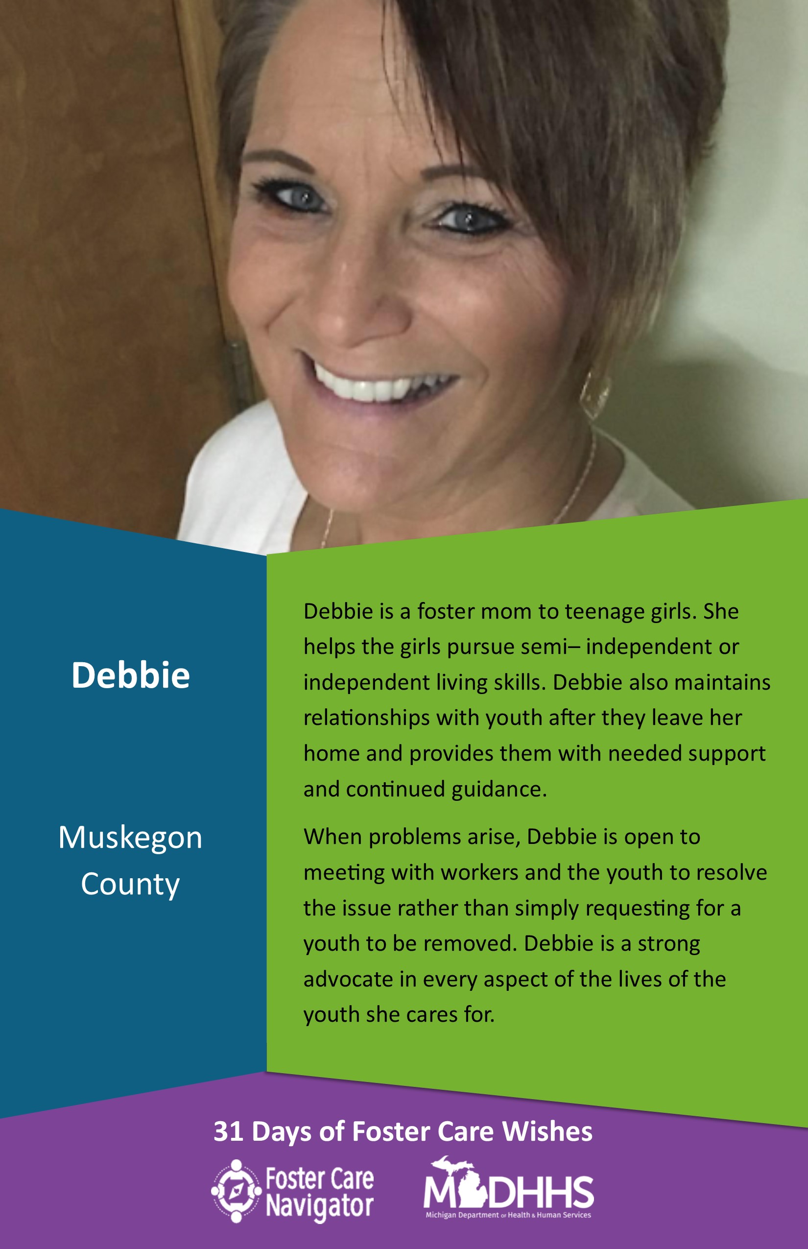 This full page feature includes all of the text listed in the body of this blog post as well as a photo of Debbie. The background is blue on the left, green on the right, and purple at the bottom of the page where the logos are located.