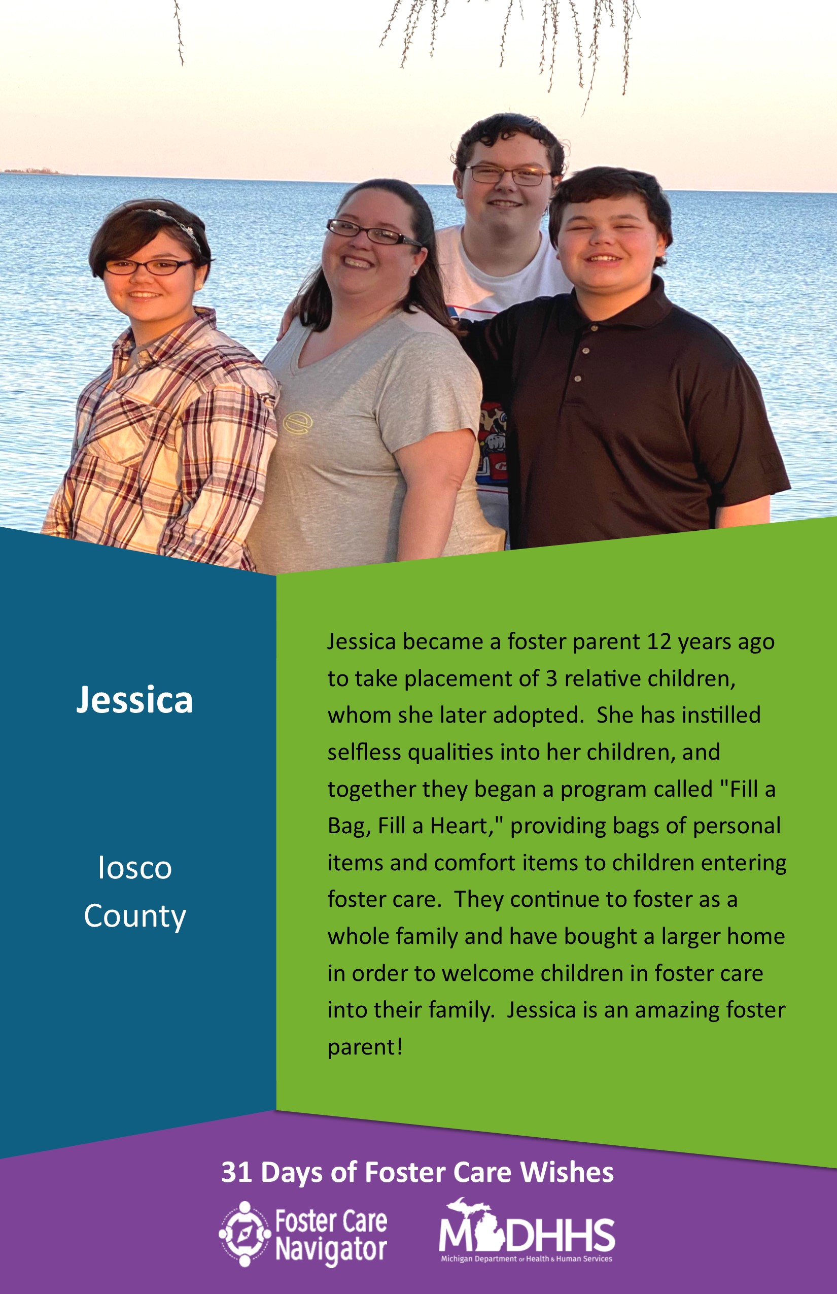 This full page feature includes all of the text listed in the body of this blog post as well as a photo of Jessica. The background is blue on the left, green on the right, and purple at the bottom of the page where the logos are located.