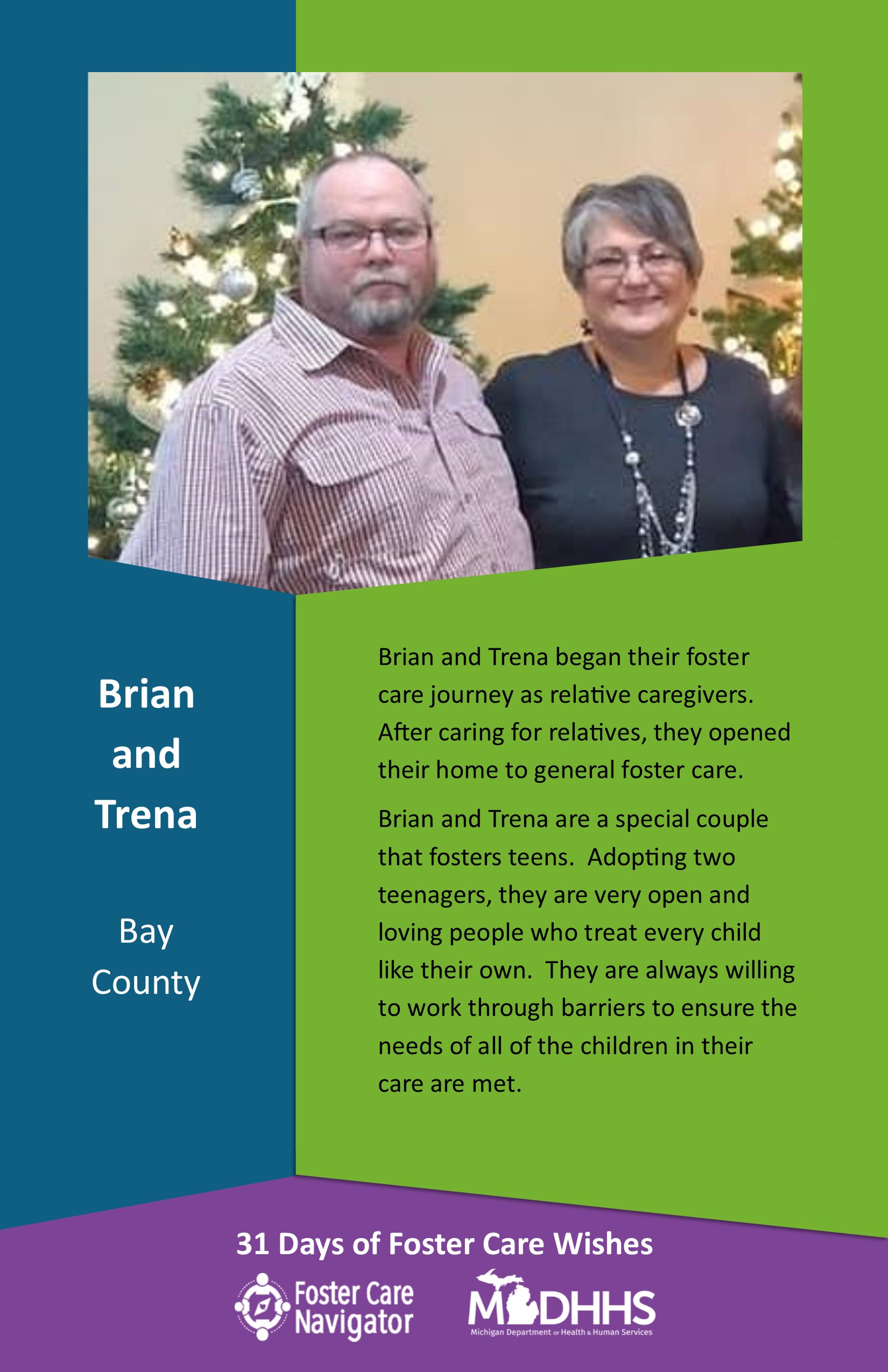 This full page feature includes all of the text listed in the body of this blog post as well as a photo of Brian and Trena. The background is blue on the left, green on the right, and purple at the bottom of the page where the logos are located.