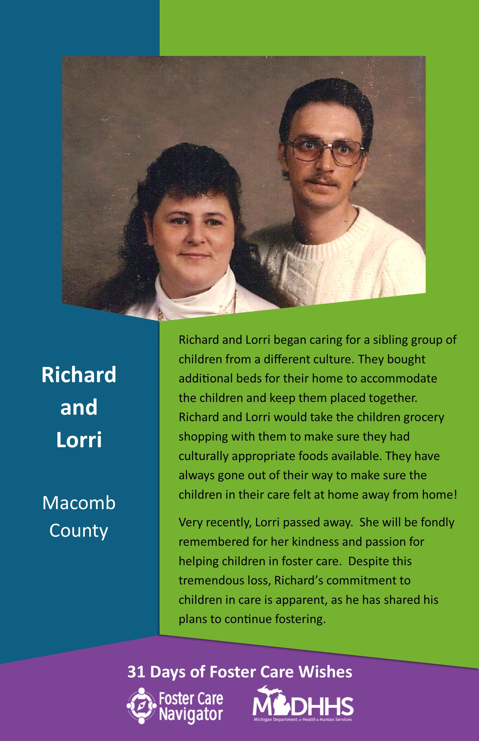 This full page feature includes all of the text listed in the body of this blog post as well as a photo of Richard and Lorri. The background is blue on the left, green on the right, and purple at the bottom of the page where the logos are located.