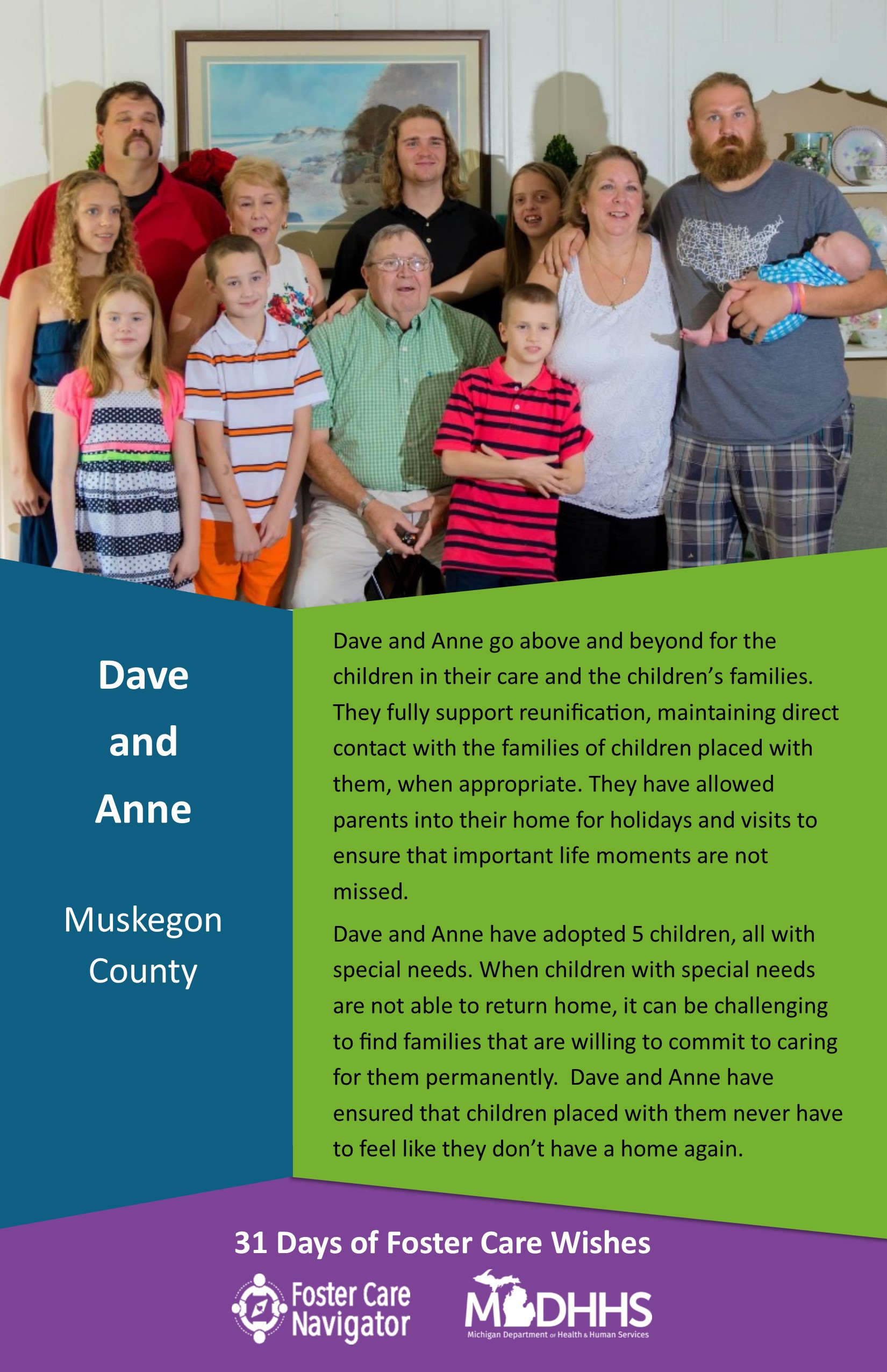This full page feature includes all of the text listed in the body of this blog post as well as a photo of Dave and Anne. The background is blue on the left, green on the right, and purple at the bottom of the page where the logos are located.