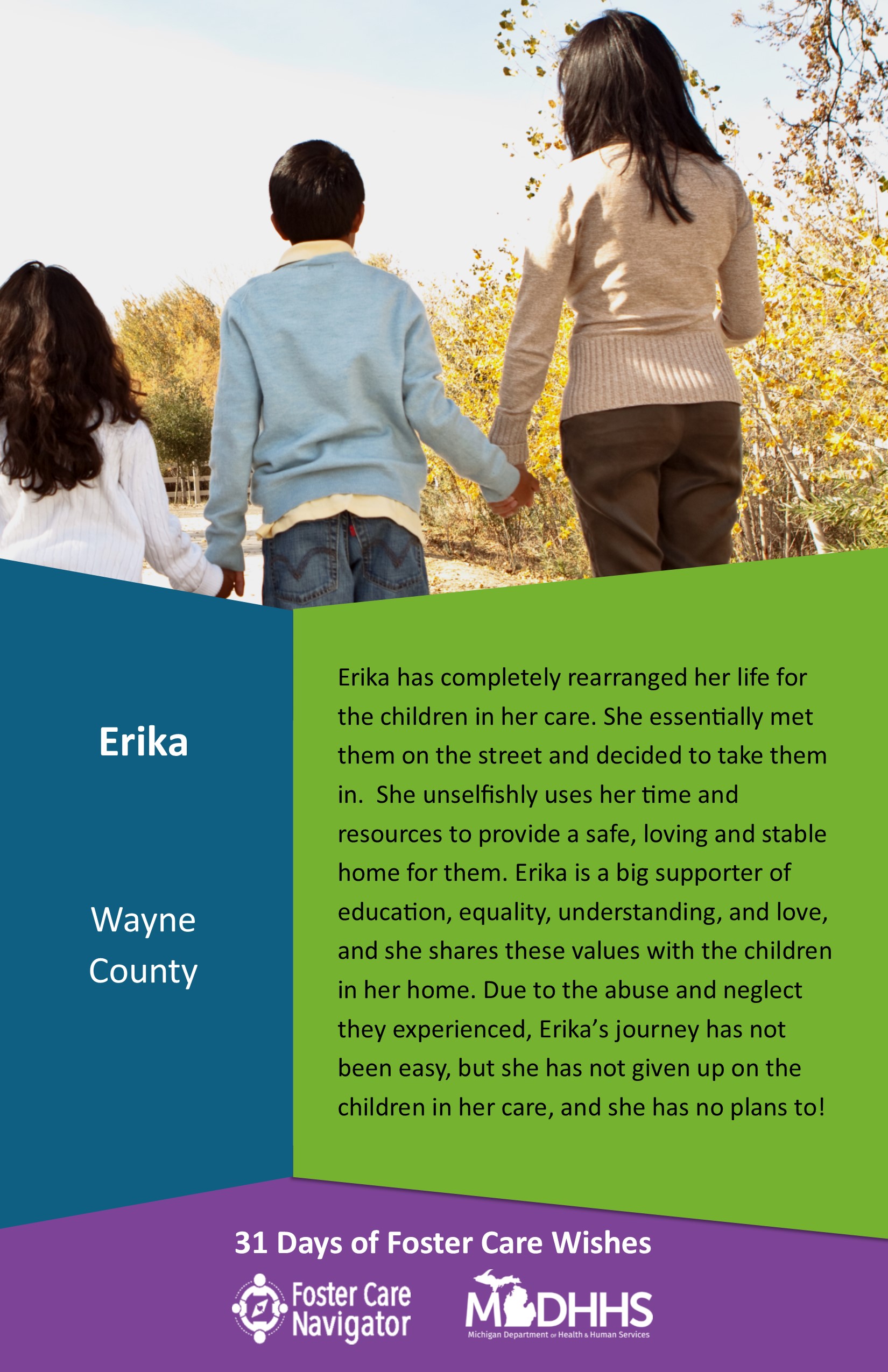 This full page feature includes all of the text listed in the body of this blog post as well as a photo of Erika. The background is blue on the left, green on the right, and purple at the bottom of the page where the logos are located.