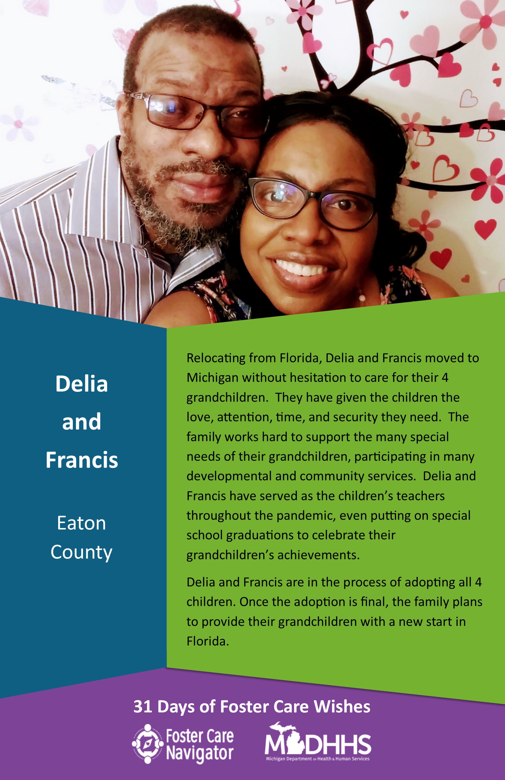 This full page feature includes all of the text listed in the body of this blog post as well as a photo of Delia and Francis. The background is blue on the left, green on the right, and purple at the bottom of the page where the logos are located.