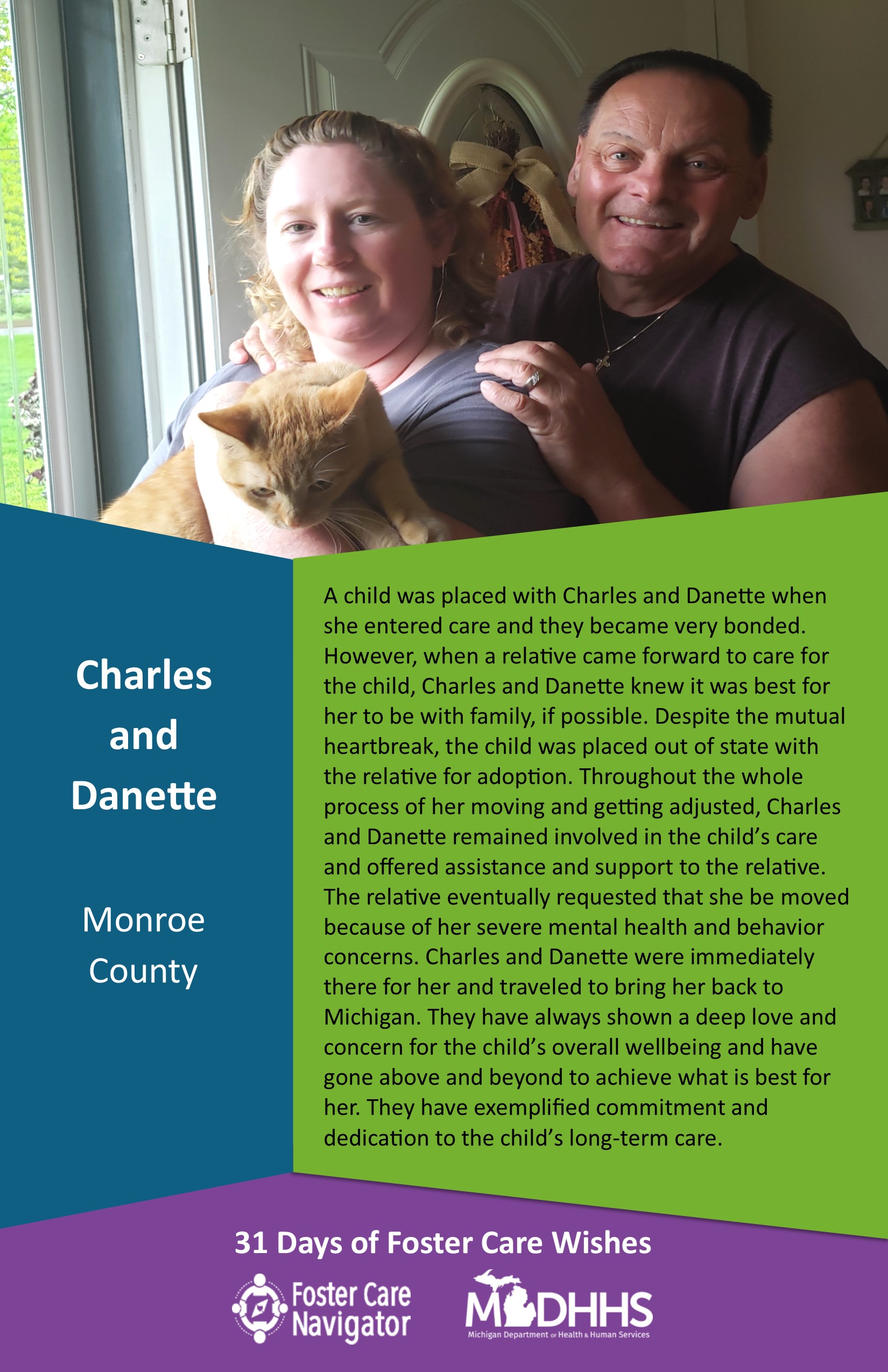 This full page feature includes all of the text listed in the body of this blog post as well as a photo of Charles and Danette. The background is blue on the left, green on the right, and purple at the bottom of the page where the logos are located.