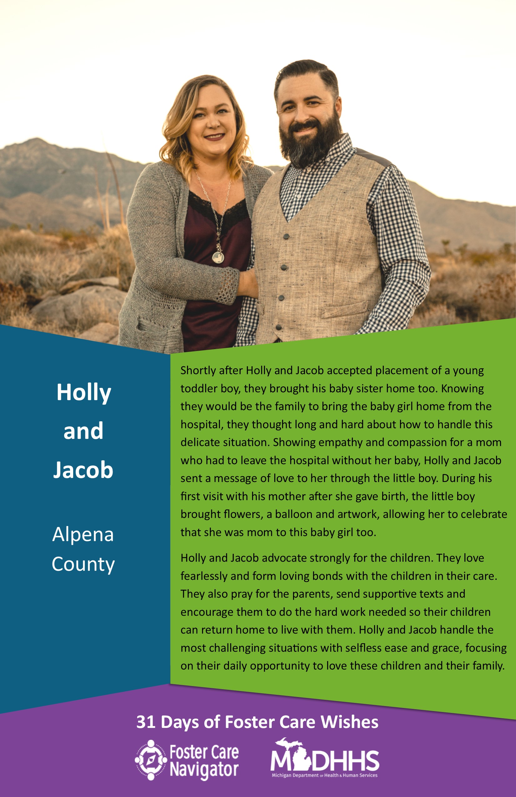 This full page feature includes all of the text listed in the body of this blog post as well as a photo of Holly and Jacob. The background is blue on the left, green on the right, and purple at the bottom of the page where the logos are located.