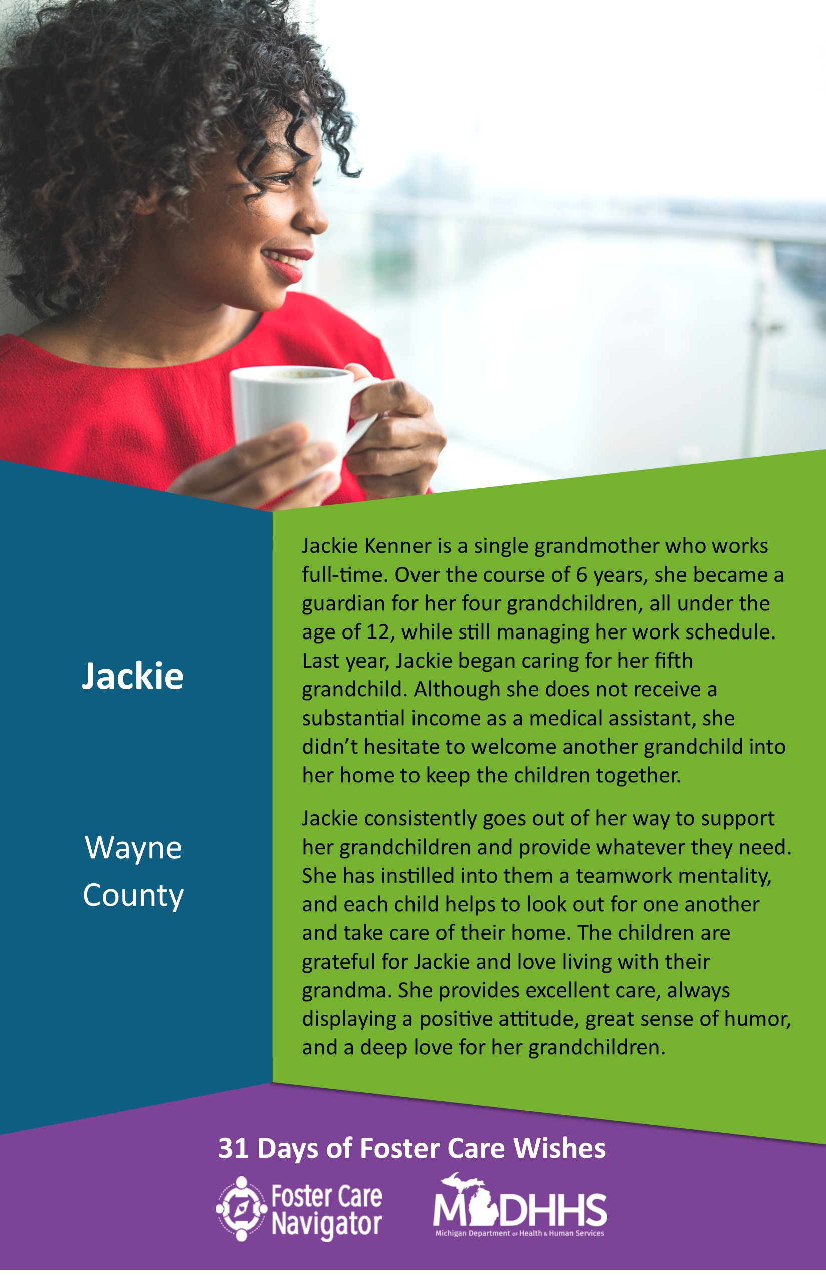 This full page feature includes all of the text listed in the body of this blog post as well as a photo of Jackie. The background is blue on the left, green on the right, and purple at the bottom of the page where the logos are located.