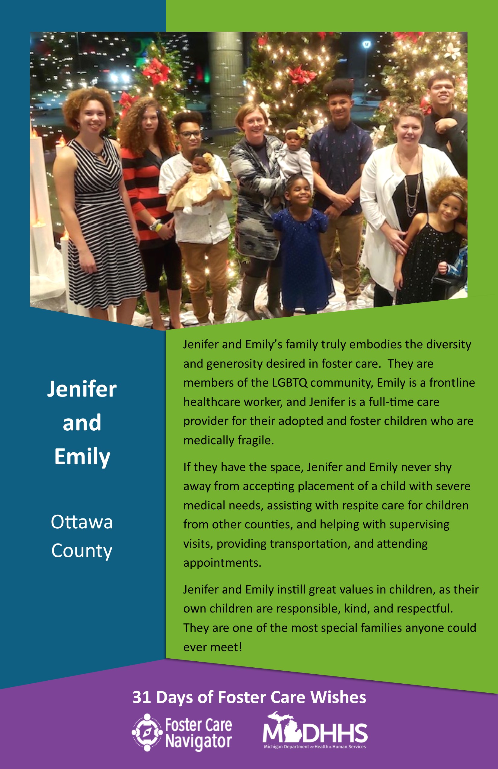 This full page feature includes all of the text listed in the body of this blog post as well as a photo of Jenifer and Emily. The background is blue on the left, green on the right, and purple at the bottom of the page where the logos are located.