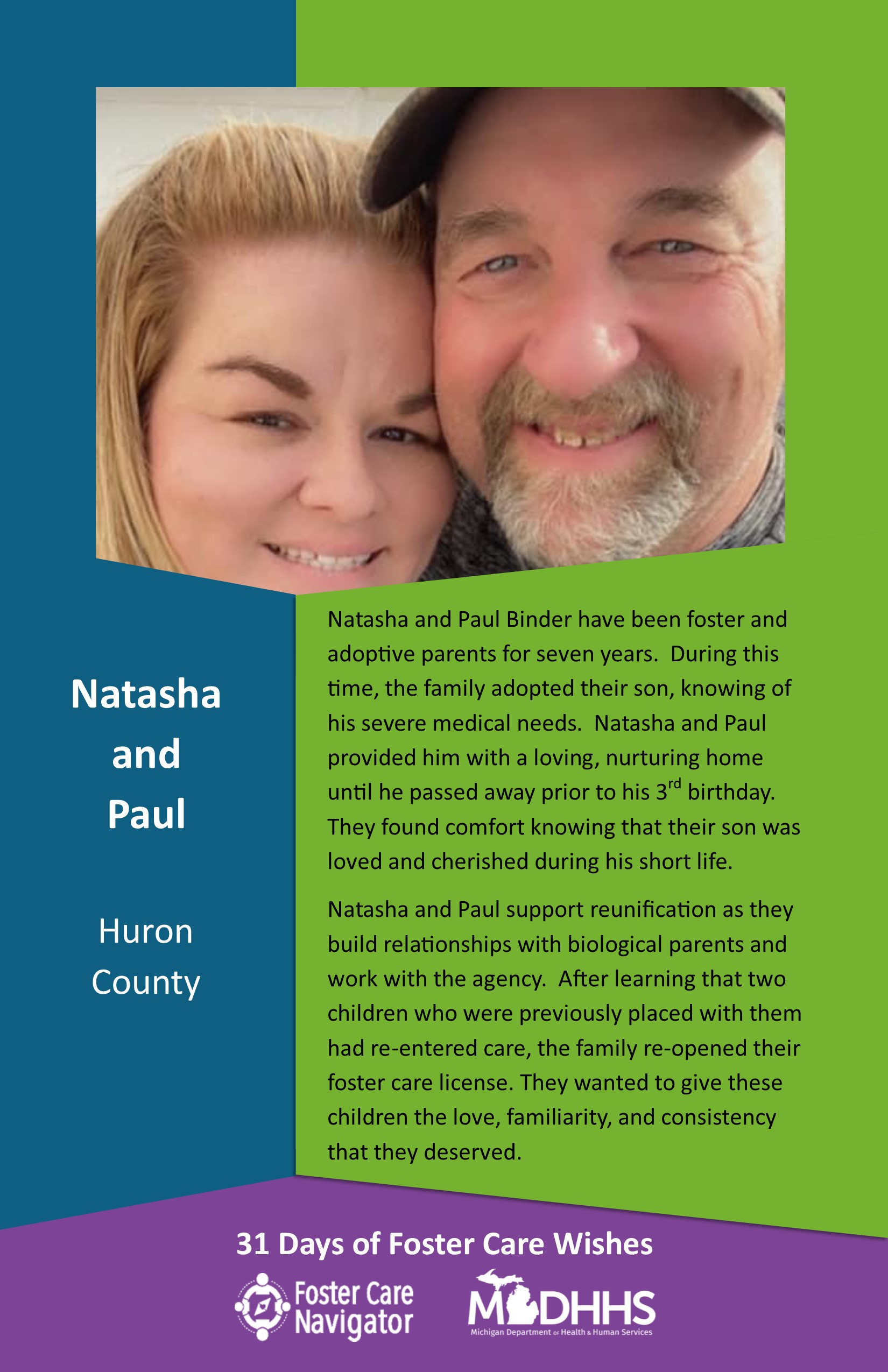 This full page feature includes all of the text listed in the body of this blog post as well as a photo of Natasha and Paul. The background is blue on the left, green on the right, and purple at the bottom of the page where the logos are located.