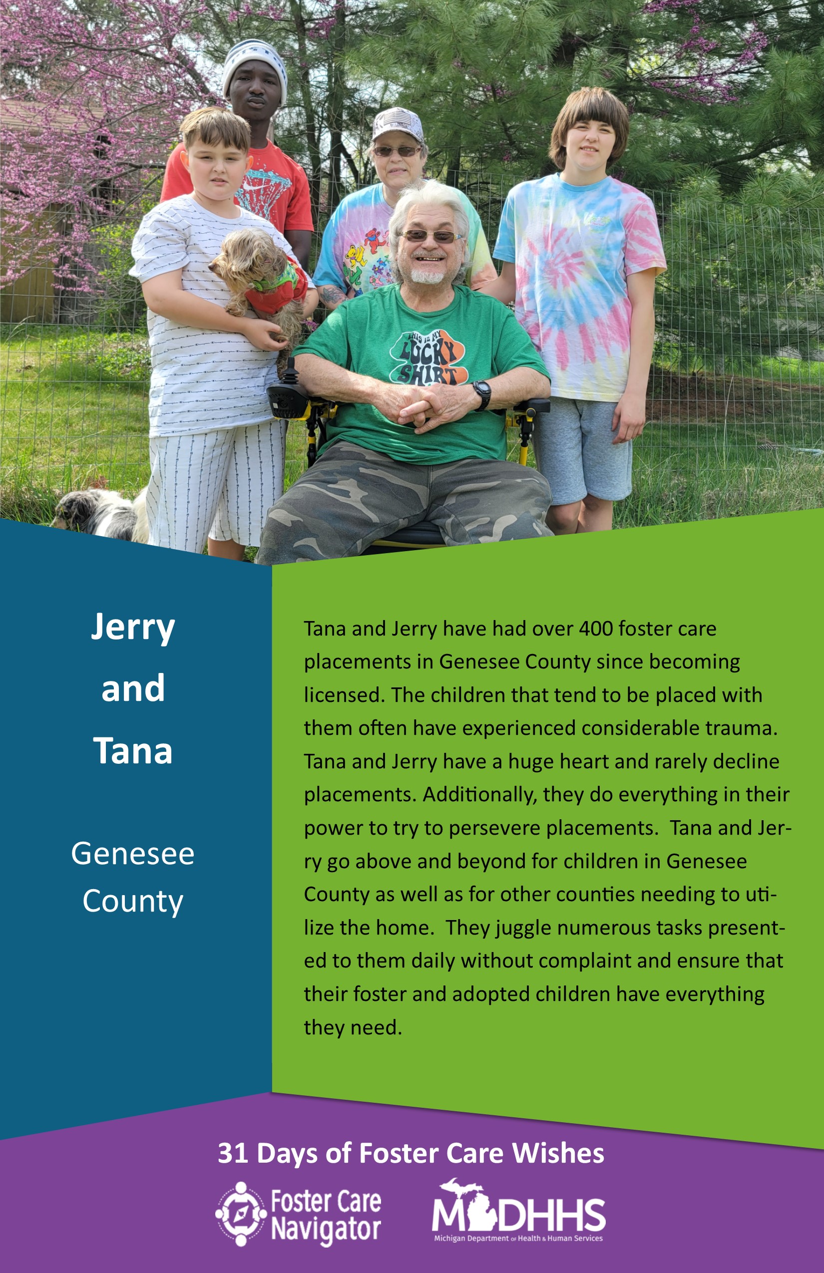This full page feature includes all of the text listed in the body of this blog post as well as a photo of Jerry and Tana. The background is blue on the left, green on the right, and purple at the bottom of the page where the logos are located.