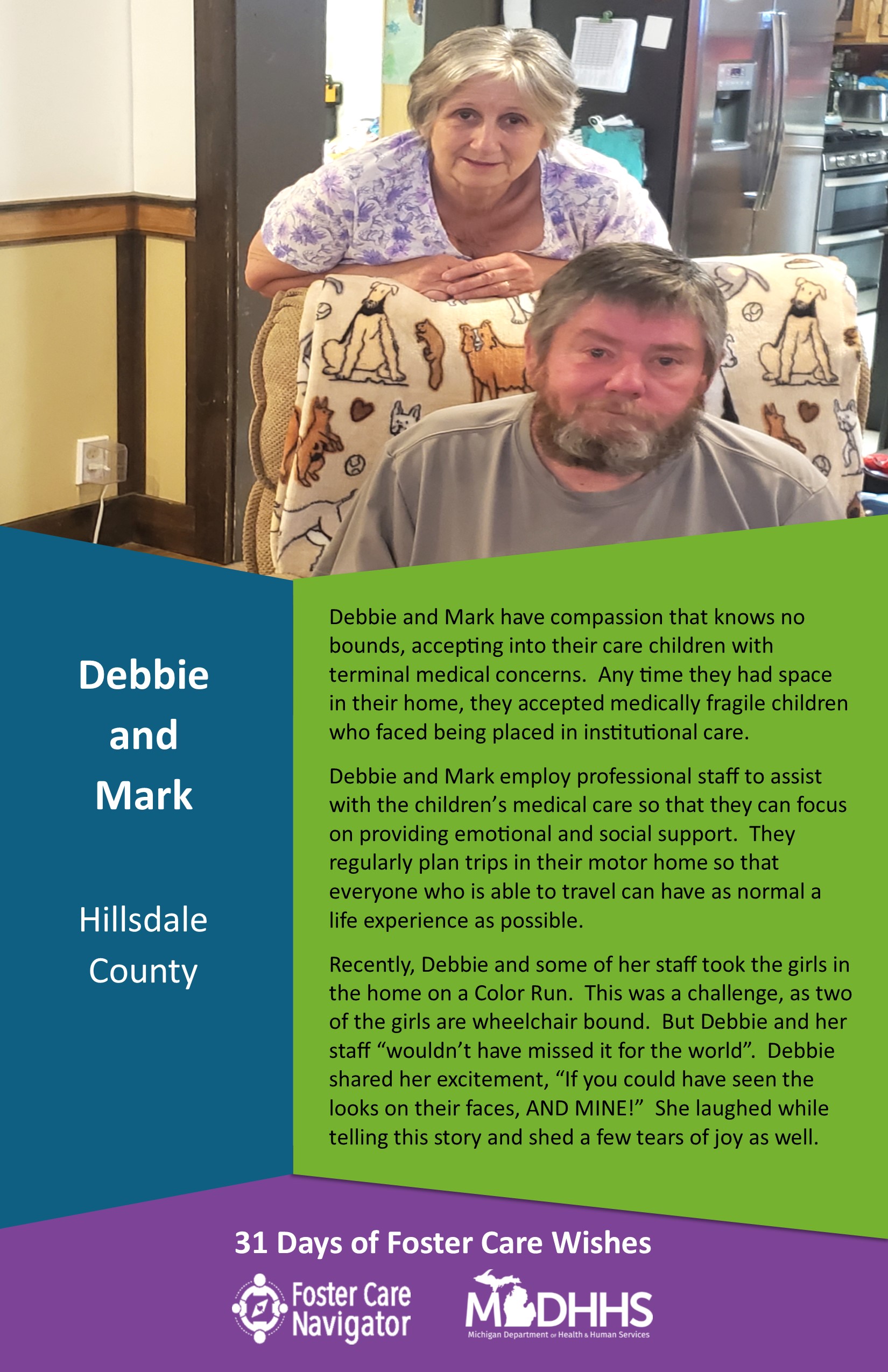 This full page feature includes all of the text listed in the body of this blog post as well as a photo of Debbie and Mark. The background is blue on the left, green on the right, and purple at the bottom of the page where the logos are located.