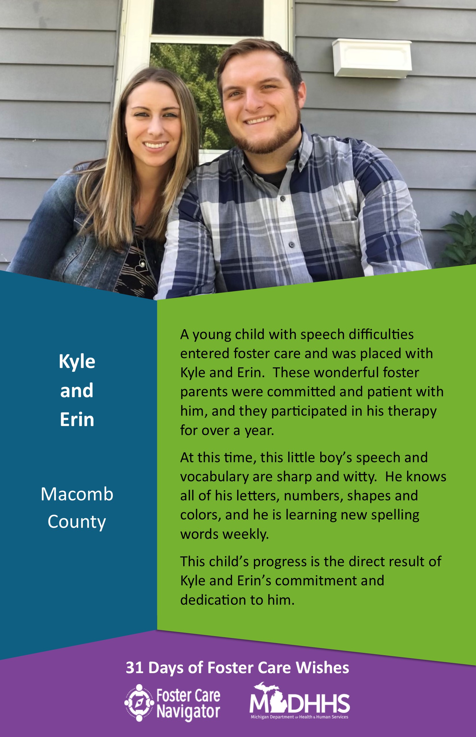 This full page feature includes all of the text listed in the body of this blog post as well as a photo of Kyle and Erin. The background is blue on the left, green on the right, and purple at the bottom of the page where the logos are located.