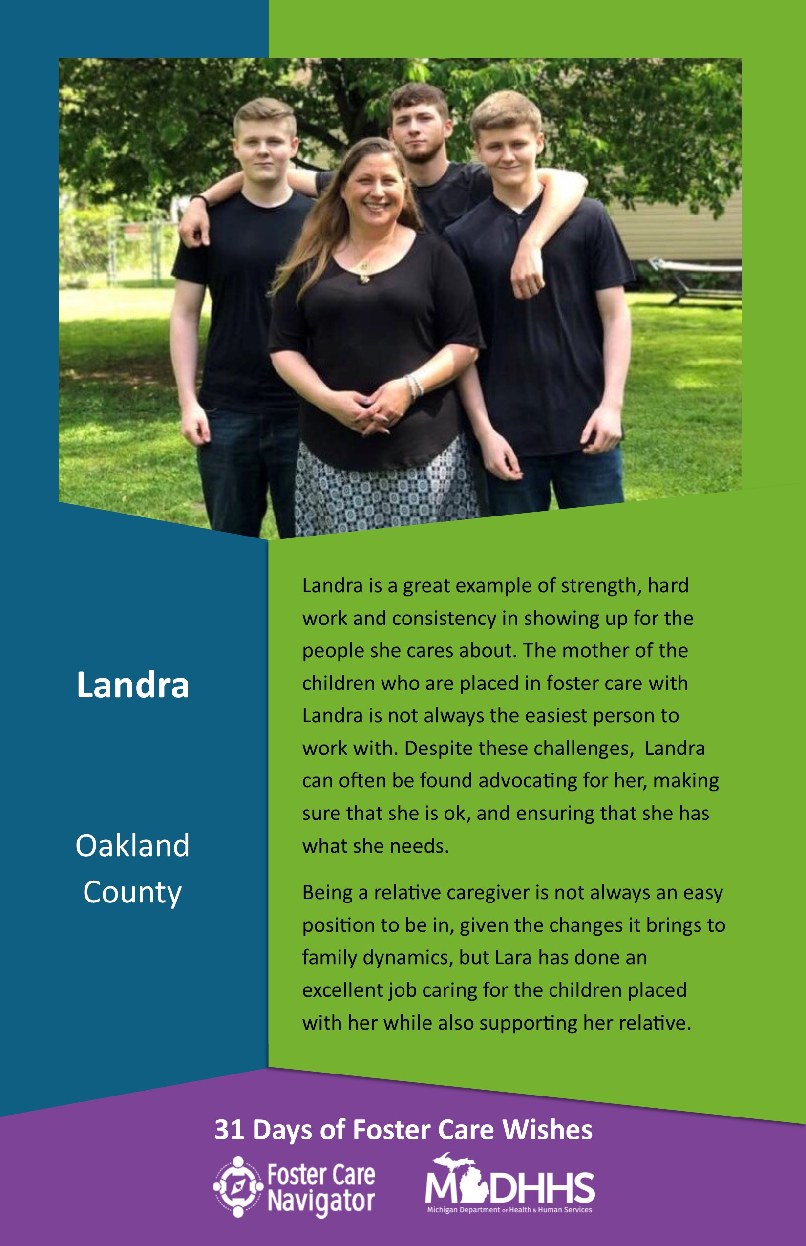 This full page feature includes all of the text listed in the body of this blog post as well as a photo of Landra. The background is blue on the left, green on the right, and purple at the bottom of the page where the logos are located.