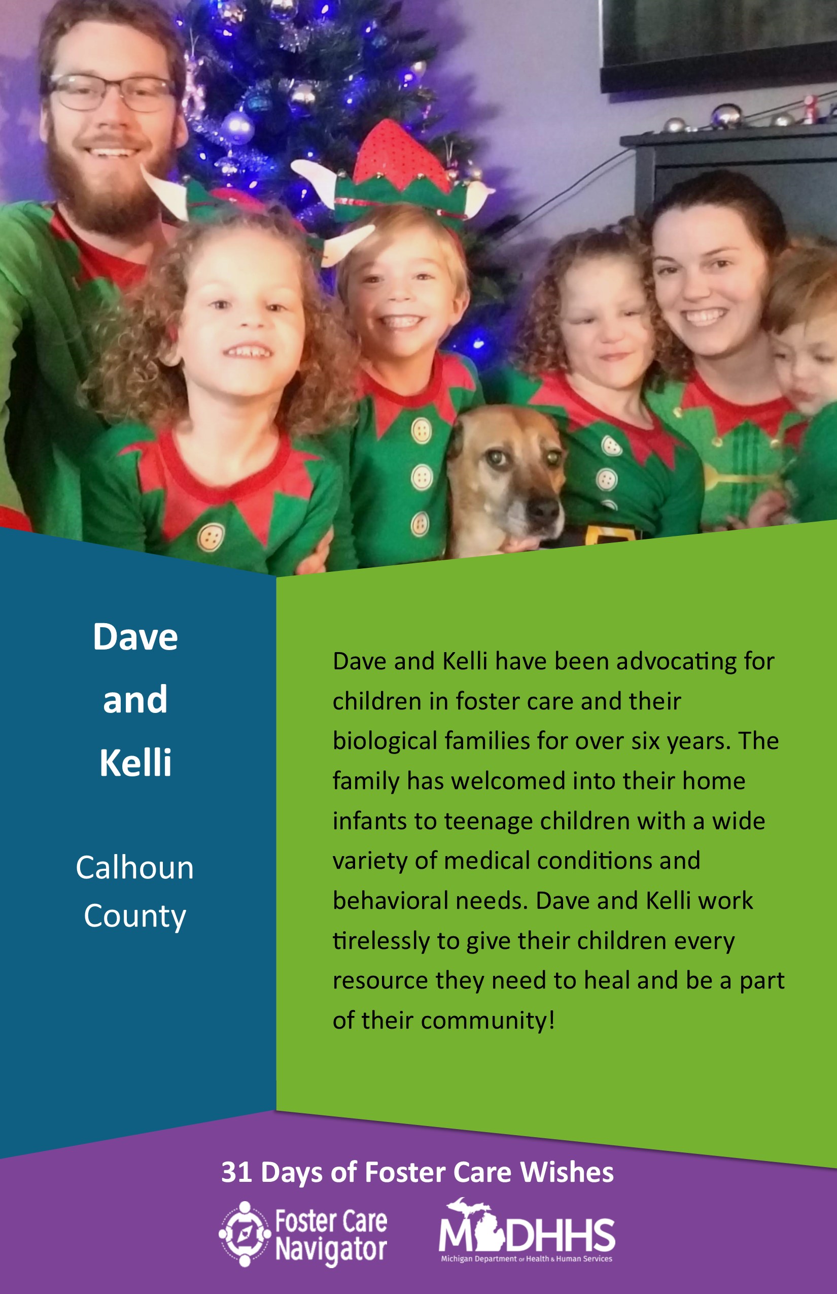 This full page feature includes all of the text listed in the body of this blog post as well as a photo of Dave and Kelli. The background is blue on the left, green on the right, and purple at the bottom of the page where the logos are located.