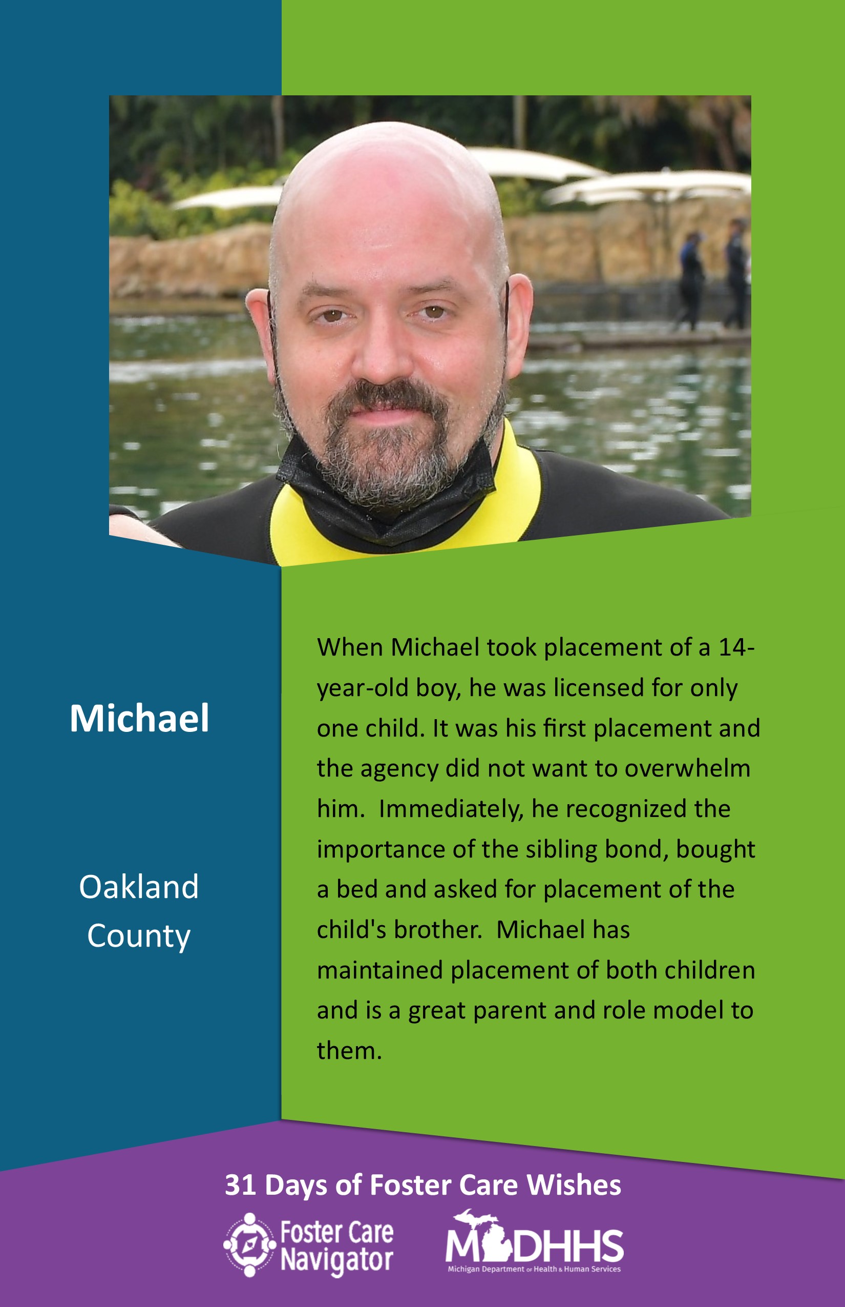 This full page feature includes all of the text listed in the body of this blog post as well as a photo of Michael. The background is blue on the left, green on the right, and purple at the bottom of the page where the logos are located.