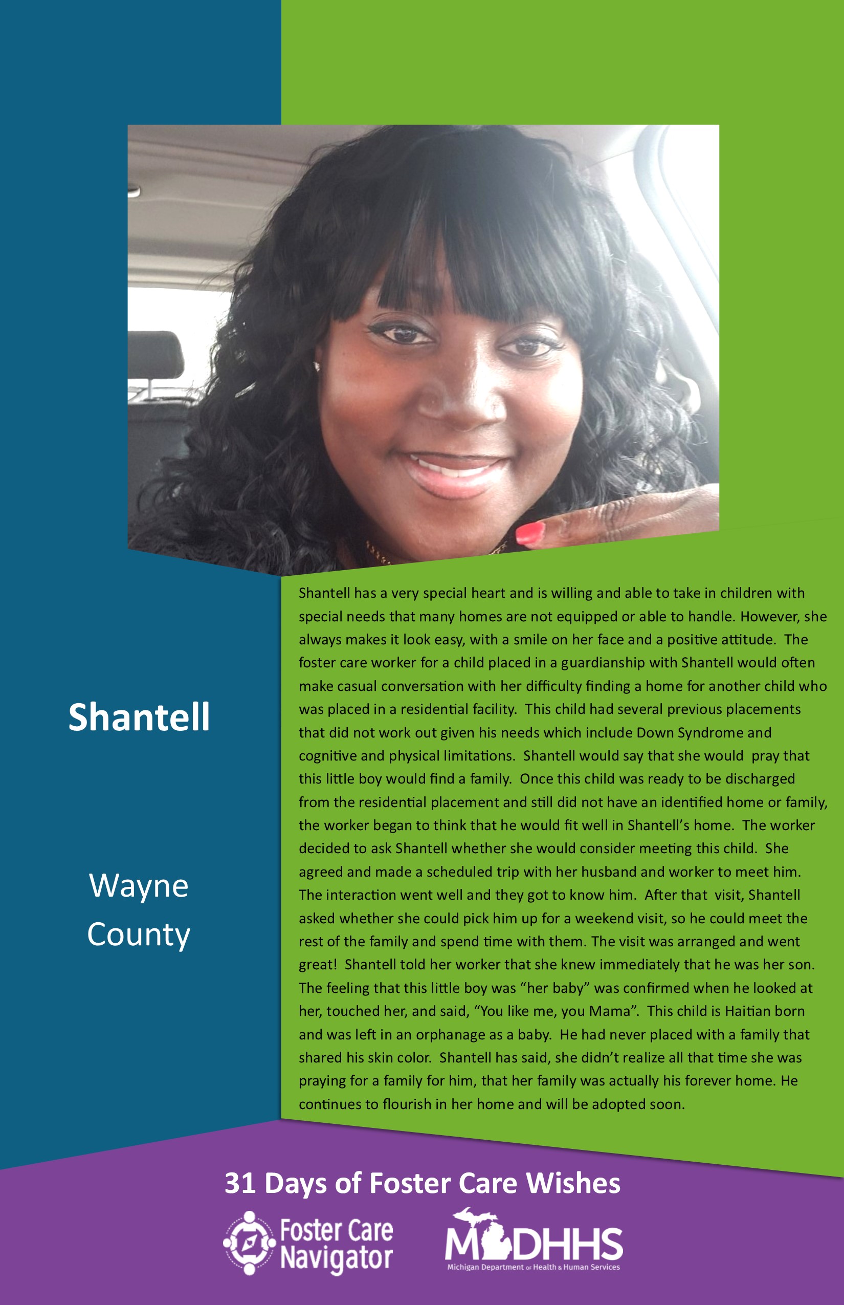 This full page feature includes all of the text listed in the body of this blog post as well as a photo of Shantell. The background is blue on the left, green on the right, and purple at the bottom of the page where the logos are located.