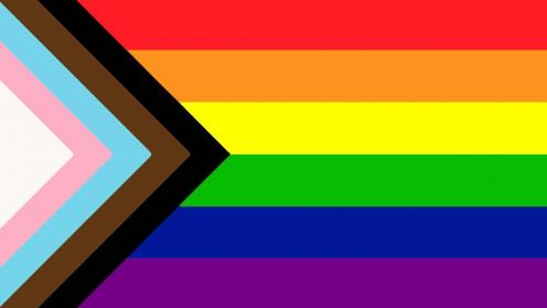 This image is of the updated Pride flag. The left side has white, pink, blue, brown, and black lines (in that order) creating a sideways "V" (like a greater than symbol) with the red, orange, yellow, green, blue, and purple horizontal stripes to the right.