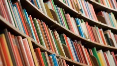 Image of colorful books on a bookshelf with multiple shelves